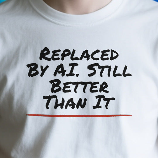 Close-up of the ODBAB570656F print on a white unisex t-shirt
