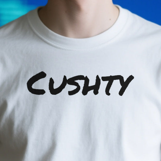 Close-up of the OD5E289635B0 print on a white unisex t-shirt