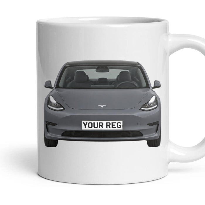 Tesla Model 3 Personalised Number Plate Mug - Stealth Grey - Front & Rear mug, 11oz white ceramic, Stealth Grey, handle right