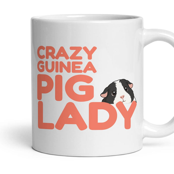 Crazy Guinea Pig Lady mug, 11oz white ceramic, Black & White, handle right