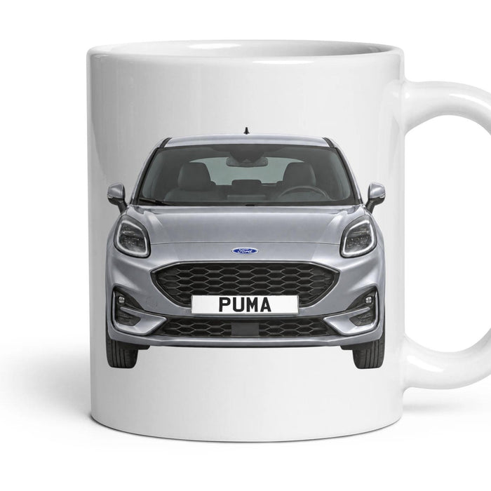 Ford Puma Number Plate Mug - Solar Silver - Front & Rear mug, 11oz white ceramic, Solar Silver, handle right