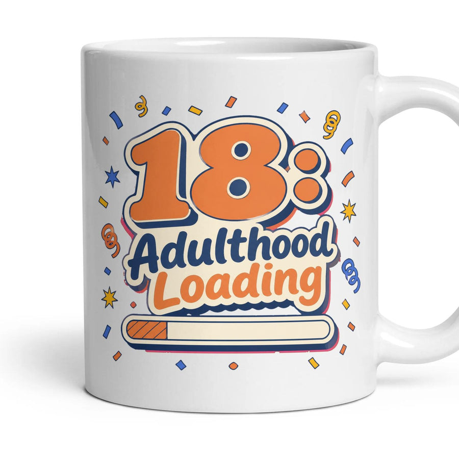 18: Adulthood Loading mug, 11oz white ceramic, handle right