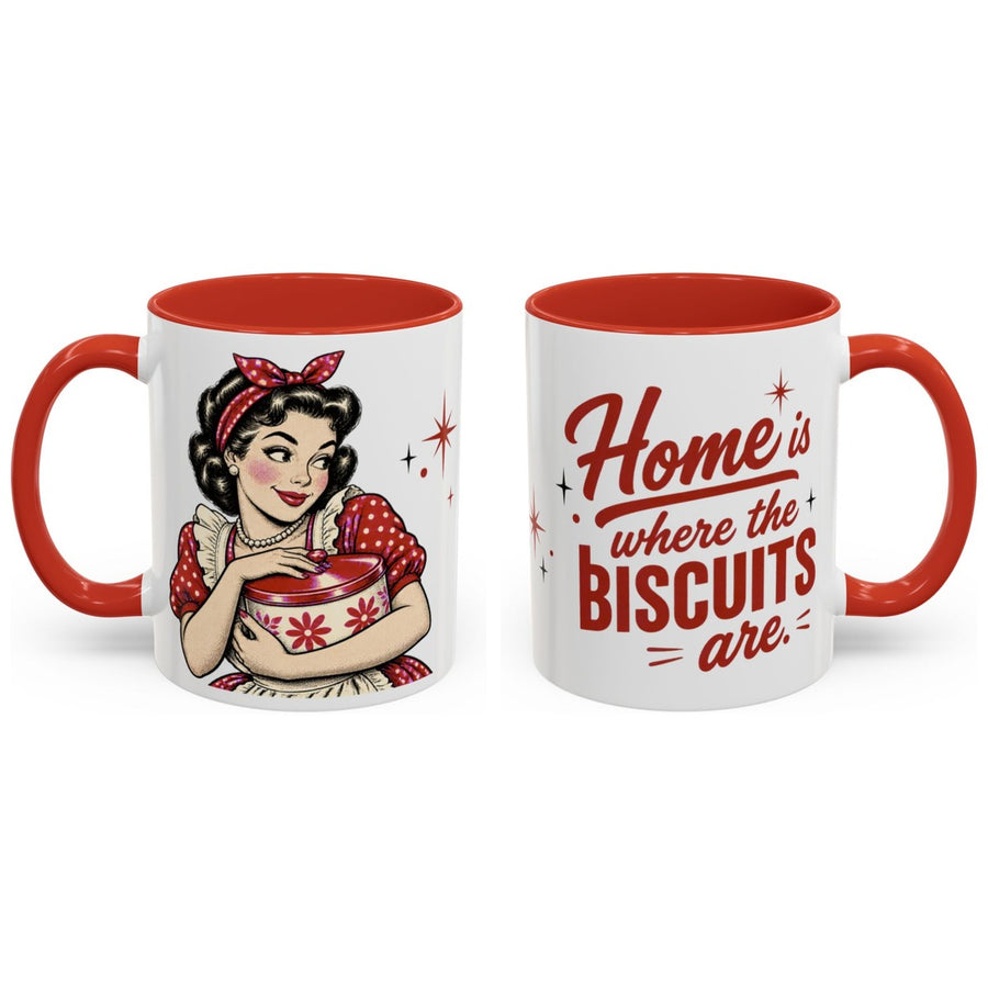 Home is where the biscuits are. mug, 11oz white ceramic, red handle and interior, handle right