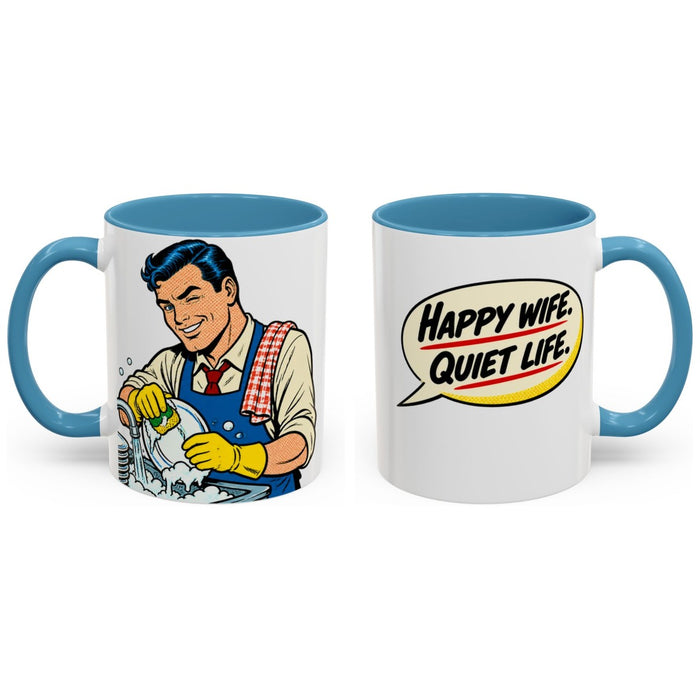 Happy wife. Quiet life. mug, 11oz white ceramic, light blue handle and interior, handle right