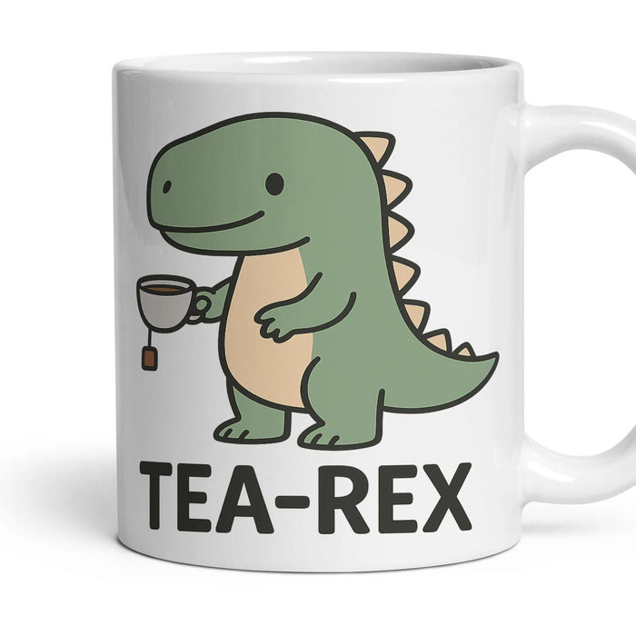 TEA-REX mug, 11oz white ceramic, handle right