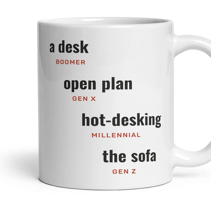 The office: a desk, open plan, hot-desking, the sofa mug, 11oz white ceramic, handle right