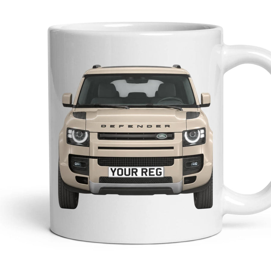 Land Rover Defender Personalised Number Plate Mug - Gondwana Stone - Front & Rear mug, 11oz white ceramic, Gondwana Stone, handle right