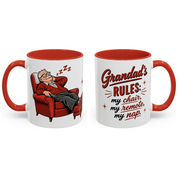 Grandad's rules: my chair, my remote, my nap. mug, 11oz white ceramic, red handle and interior, handle right