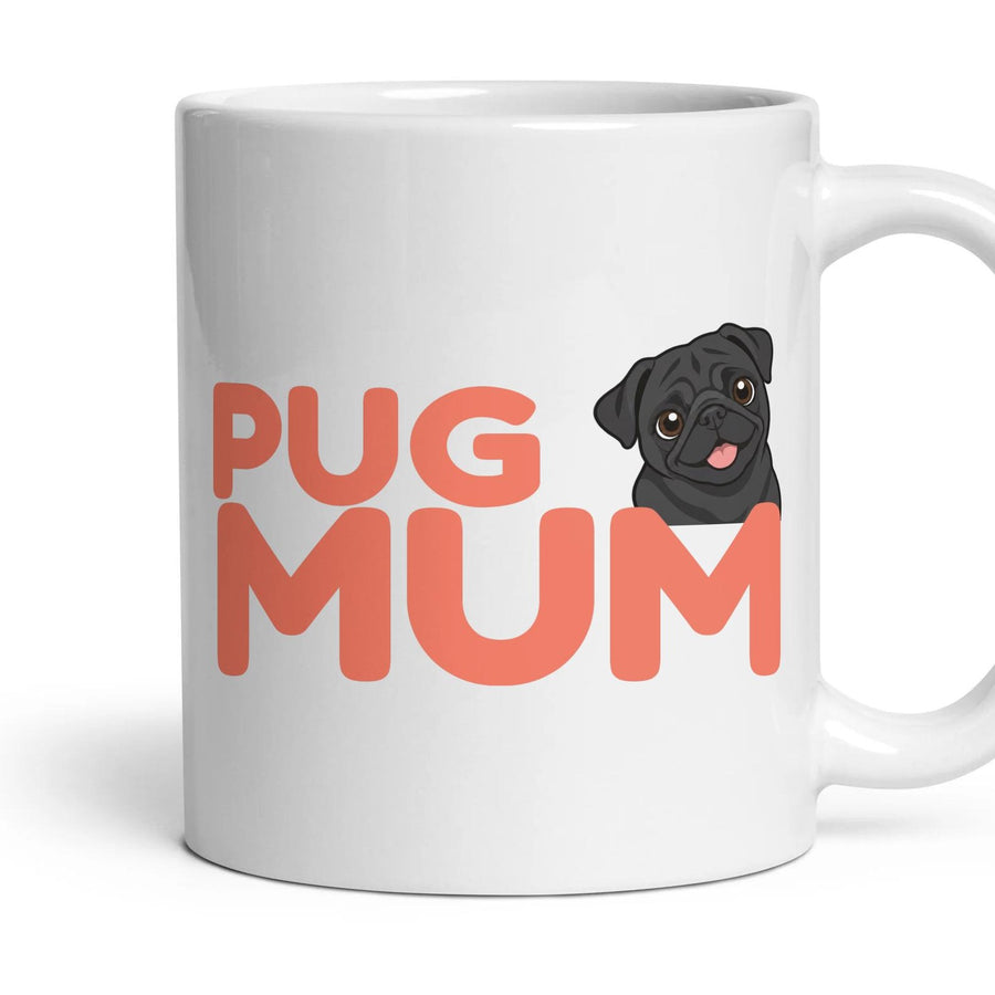 Pug Mum mug, 11oz white ceramic, Black, handle right