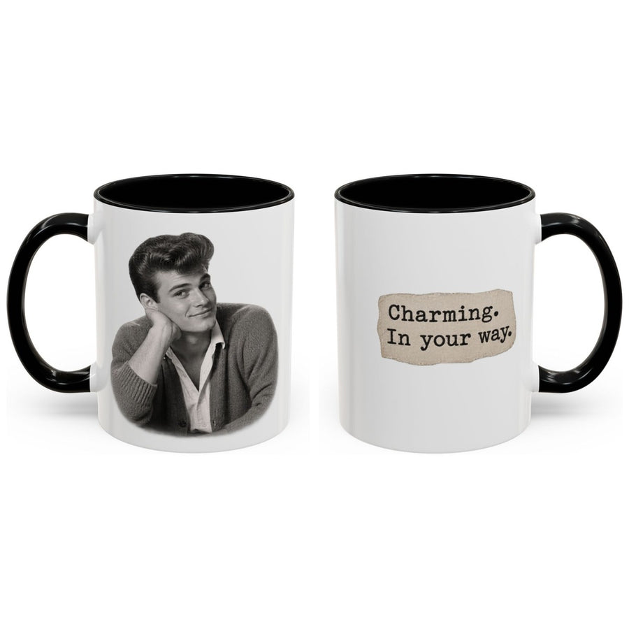 Charming. In your way. mug, 11oz white ceramic, black handle and interior, handle right