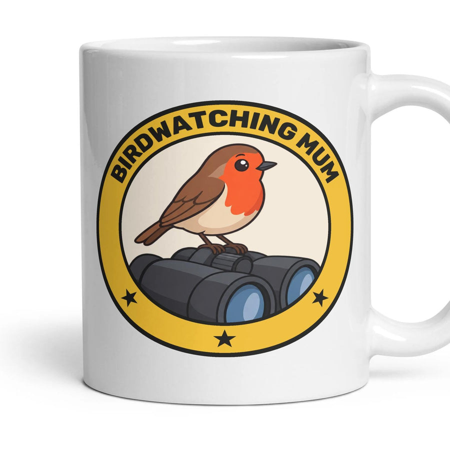 Birdwatching Mum mug, 11oz white ceramic, handle right
