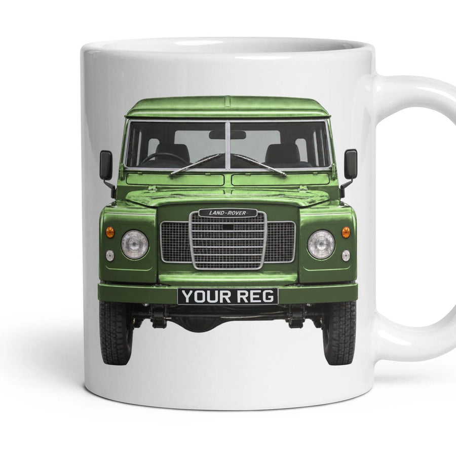 Land Rover Series III Personalised Number Plate Mug - Bronze Green - Front & Rear mug, 11oz white ceramic, Bronze Green, handle right