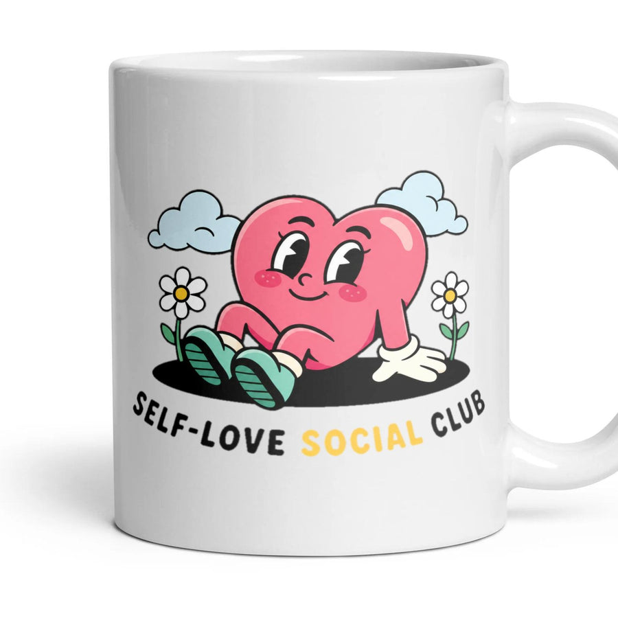 SELF-LOVE SOCIAL CLUB mug, 11oz white ceramic, handle right