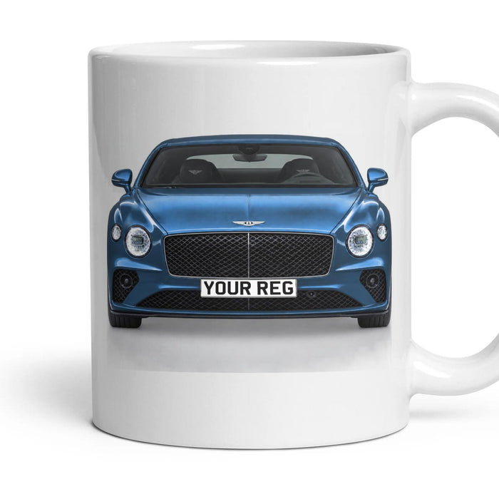 Bentley Continental GT Personalised Number Plate Mug - Windsor Blue - Front & Rear mug, 11oz white ceramic, Windsor Blue, handle right