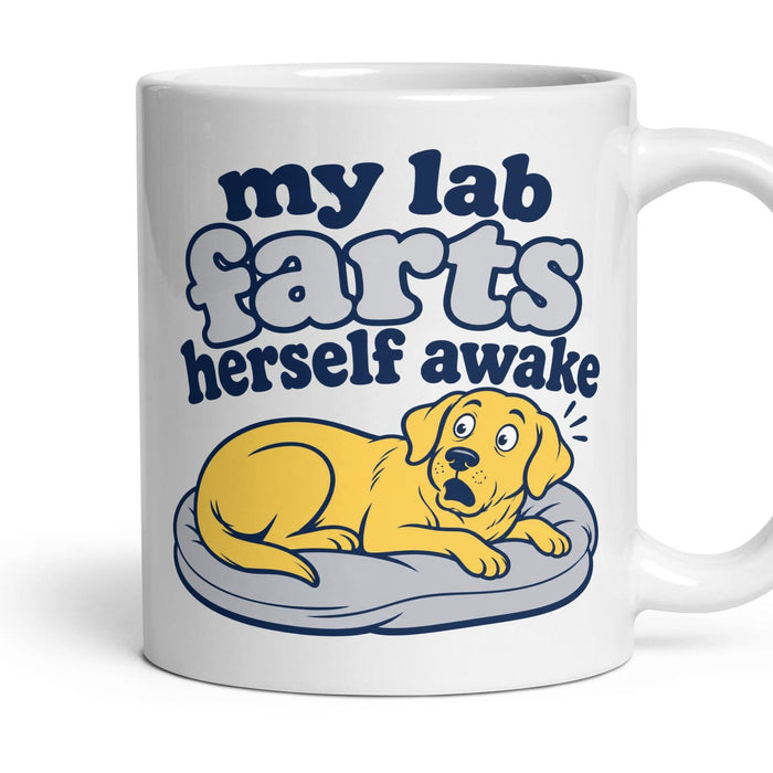 my lab farts herself awake mug, 11oz white ceramic, handle right