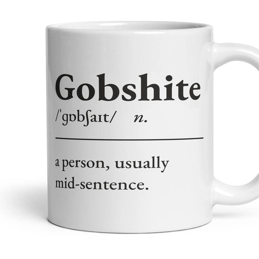 Gobshite mug, 11oz white ceramic, handle right