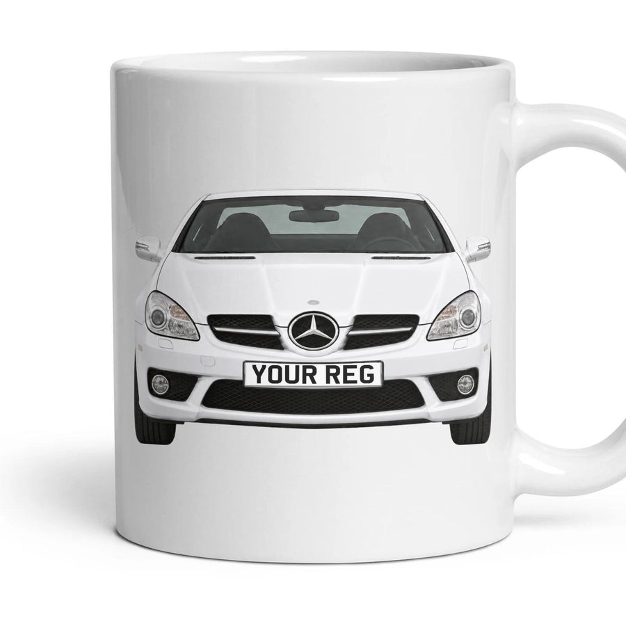 Mercedes-Benz SLK R171 Personalised Number Plate Mug - Arctic White - Front & Rear mug, 11oz white ceramic, Arctic White, handle right