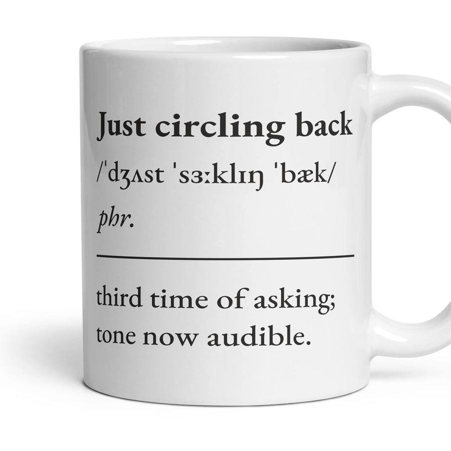 Just circling back mug, 11oz white ceramic, handle right