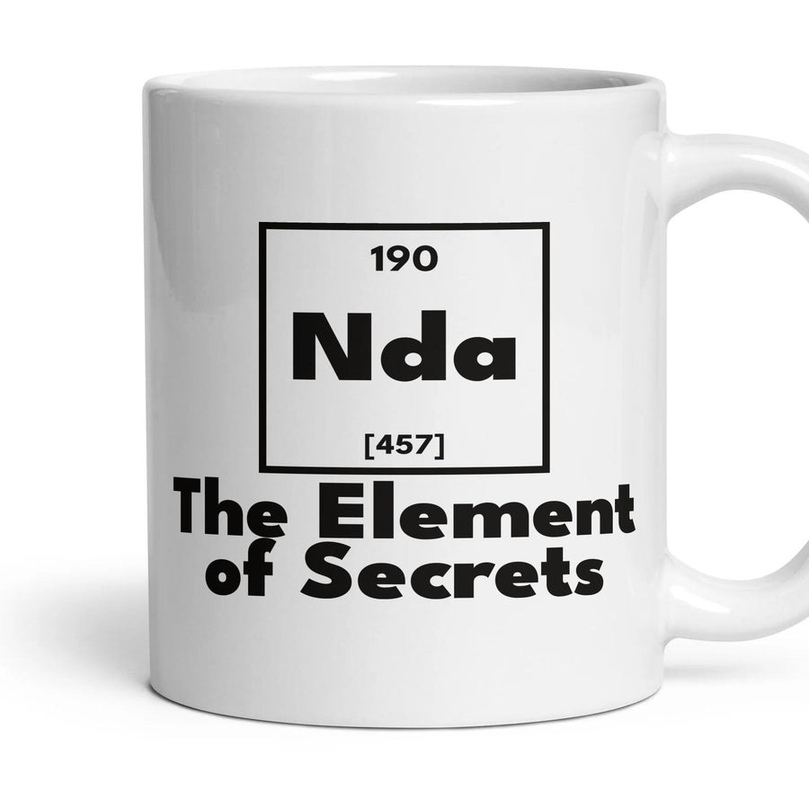 Nda The Element of Secrets mug, 11oz white ceramic, handle right