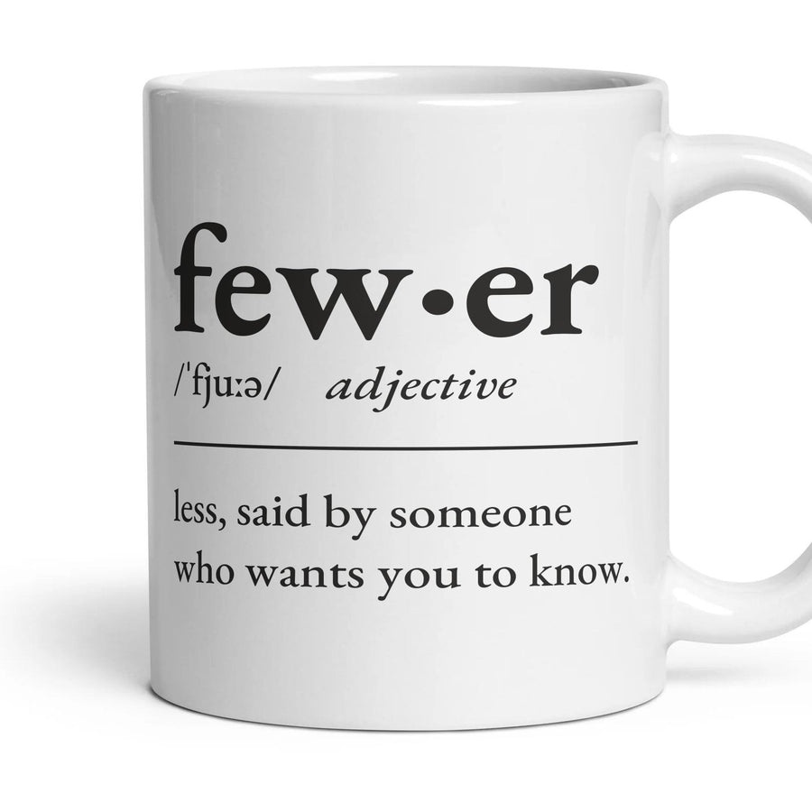 Fewer mug, 11oz white ceramic, handle right