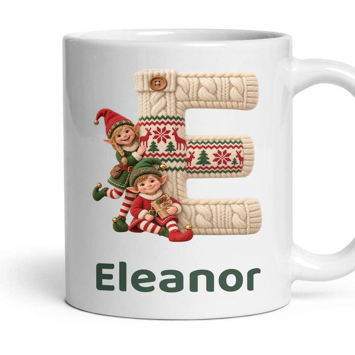 Personalised Christmas Elf Monogram Mug mug, 11oz white ceramic, handle right