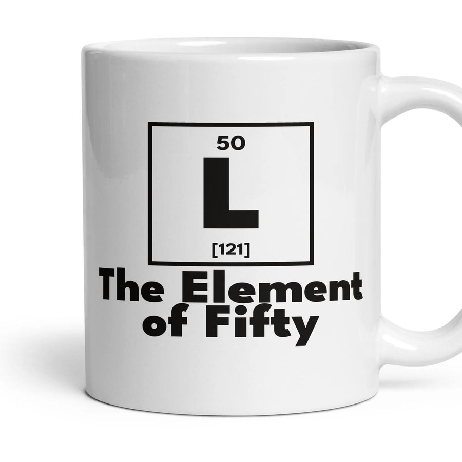 L The Element of Fifty mug, 11oz white ceramic, handle right