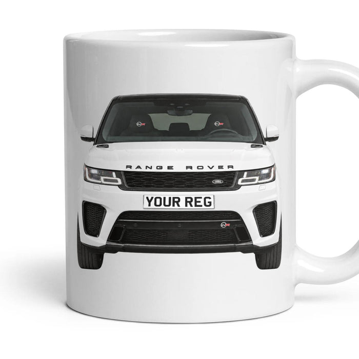 Range Rover Sport SVR Personalised Number Plate Mug - Fuji White - Front & Rear mug, 11oz white ceramic, Fuji White, handle right