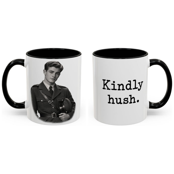 Kindly hush. mug, 11oz white ceramic, black handle and interior, handle right