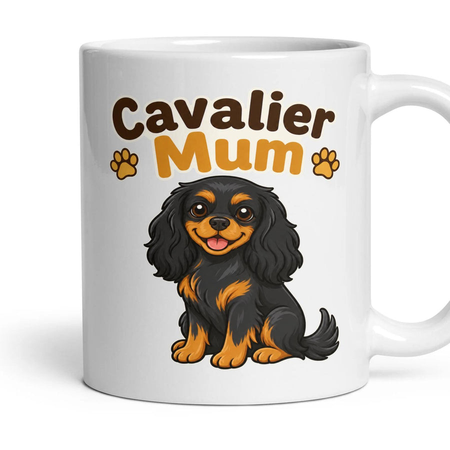 Cavalier Mum mug, 11oz white ceramic, Black & Tan, handle right