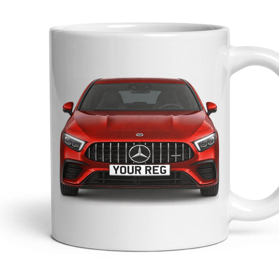 Mercedes-AMG A35 Personalised Number Plate Mug - Jupiter Red - Front & Rear mug, 11oz white ceramic, Jupiter Red, handle right