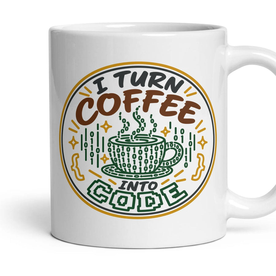 I TURN COFFEE INTO CODE mug, 11oz white ceramic, handle right
