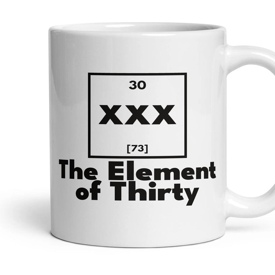 XXX The Element of Thirty mug, 11oz white ceramic, handle right