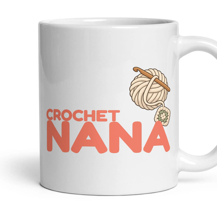 Crochet Nana mug, 11oz white ceramic, handle right