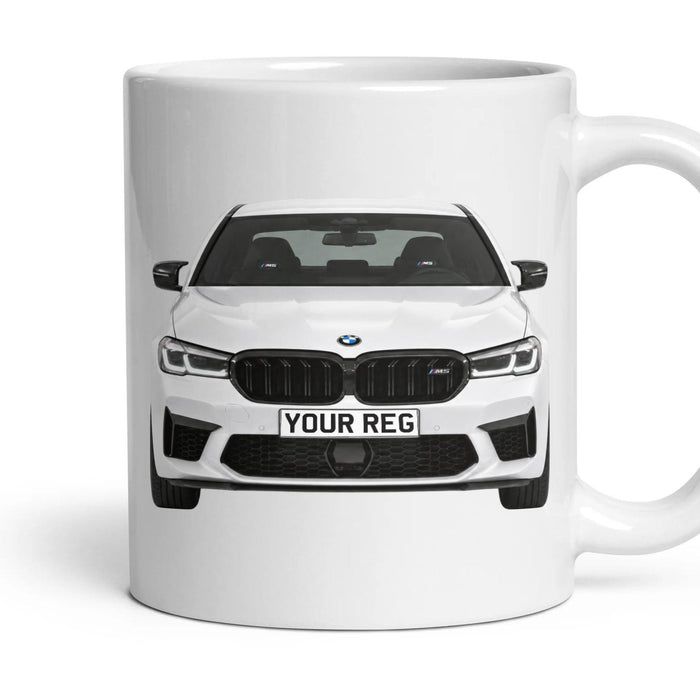 BMW M5 Competition Personalised Number Plate Mug - Alpine White - Front & Rear mug, 11oz white ceramic, Alpine White, handle right