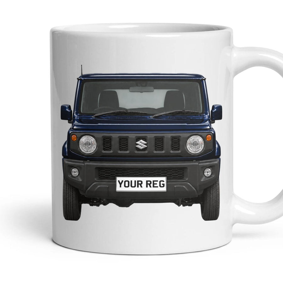 Suzuki Jimny Personalised Number Plate Mug - Bluish Black Pearl - Front & Rear mug, 11oz white ceramic, Bluish Black Pearl, handle right