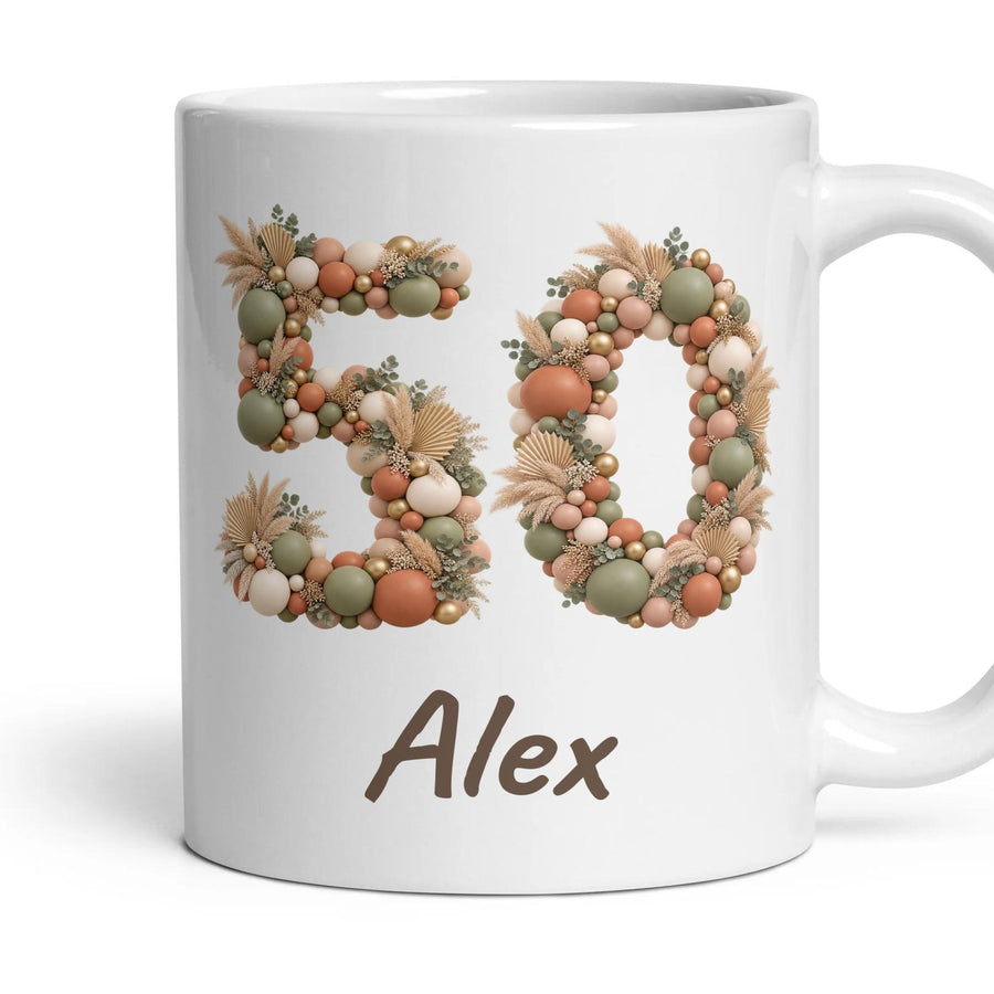 Personalised 50th Birthday Balloon Mug mug, 11oz white ceramic, Boho Sage & Terracotta, handle right