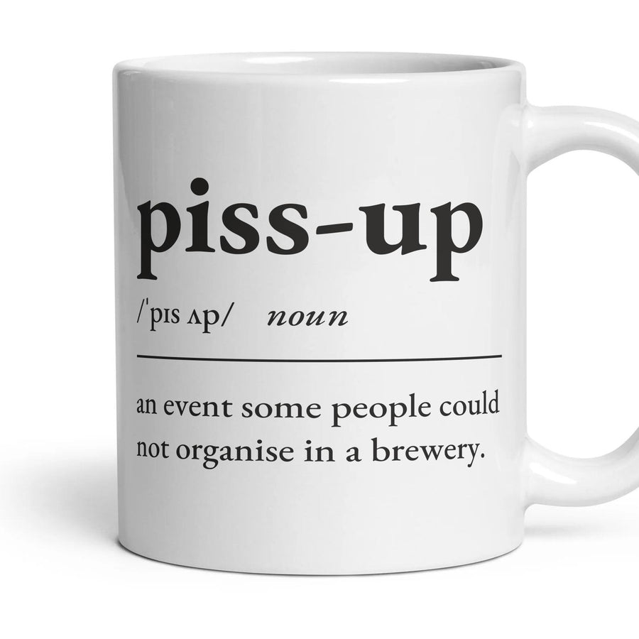 Piss-up mug, 11oz white ceramic, handle right