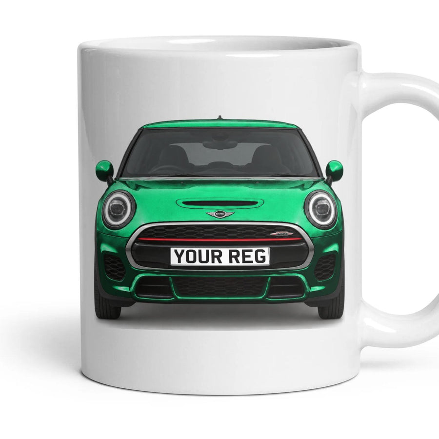 Mini John Cooper Works Personalised Number Plate Mug - British Racing Green IV - Front & Rear mug, 11oz white ceramic, British Racing Green IV, handle right