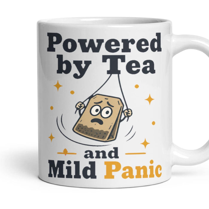 Powered by Tea and Mild Panic mug, 11oz white ceramic, handle right