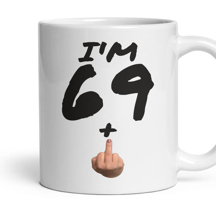 69 + Finger — 70th Birthday Mug, Rude Gift mug, 11oz white ceramic, handle right