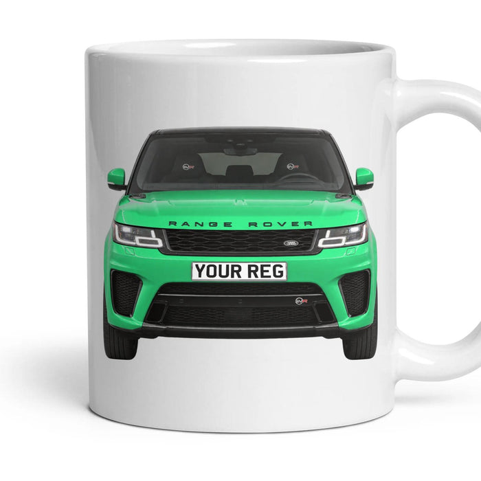 Range Rover Sport SVR Personalised Number Plate Mug - British Racing Green - Front & Rear mug, 11oz white ceramic, British Racing Green, handle right