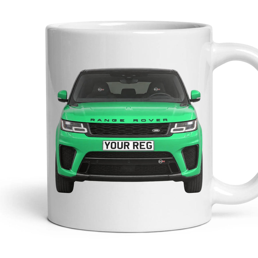 Range Rover Sport SVR Personalised Number Plate Mug - British Racing Green - Front & Rear mug, 11oz white ceramic, British Racing Green, handle right