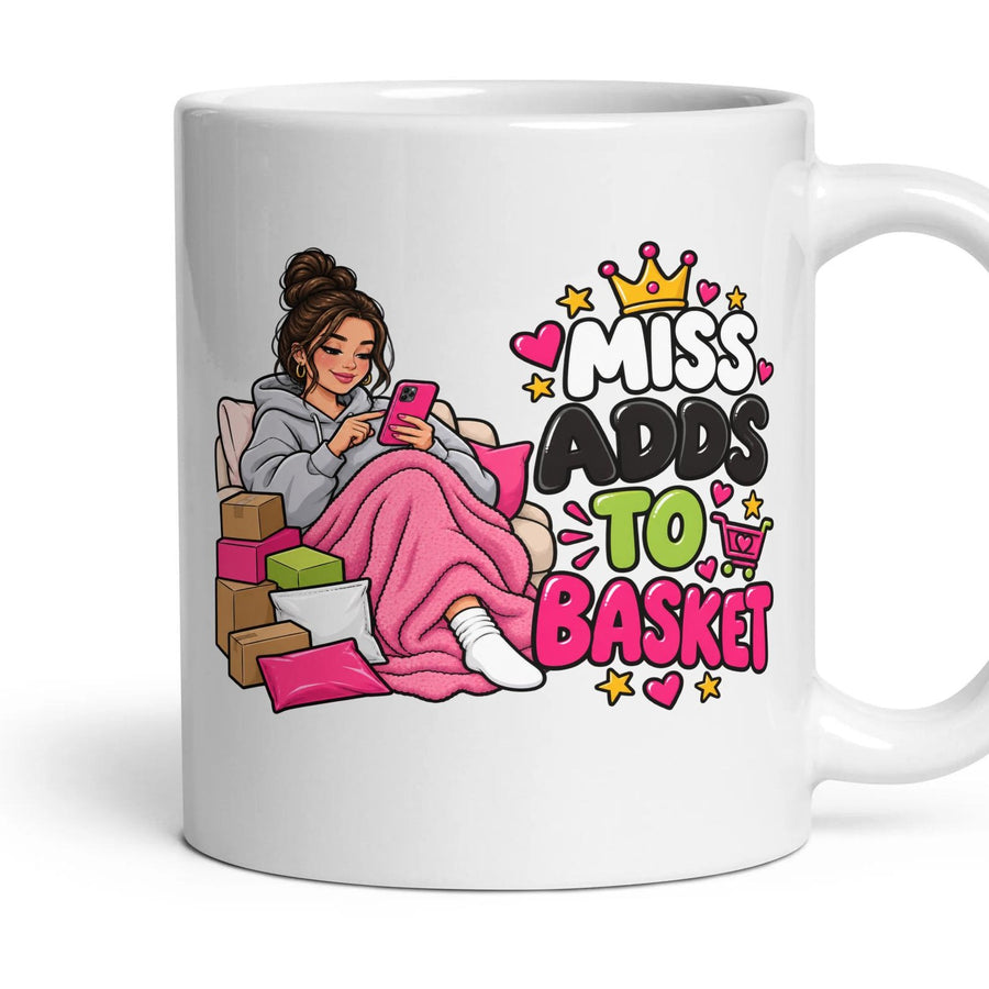 Miss Adds To Basket mug, 11oz white ceramic, handle right