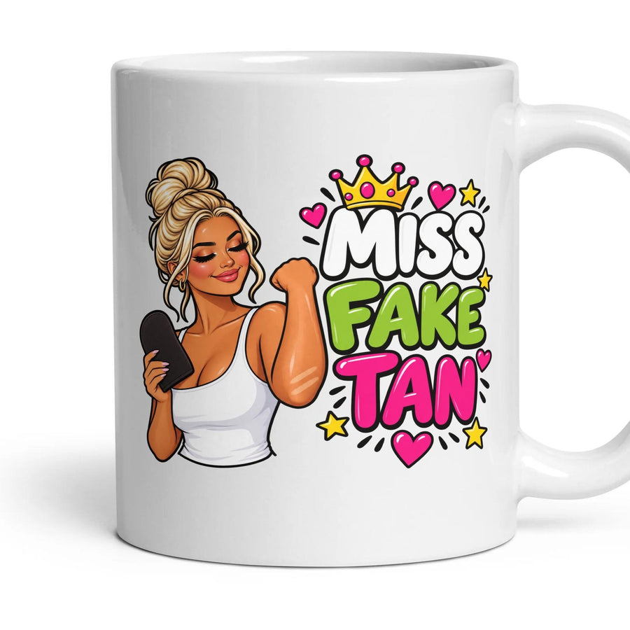 Miss Fake Tan mug, 11oz white ceramic, handle right