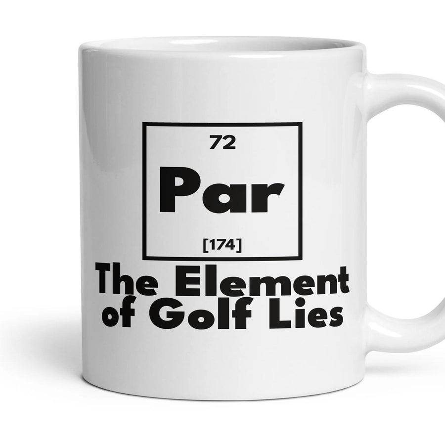 Par The Element of Golf Lies mug, 11oz white ceramic, handle right
