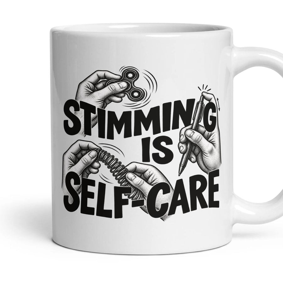 STIMMING IS SELF-CARE mug, 11oz white ceramic, handle right