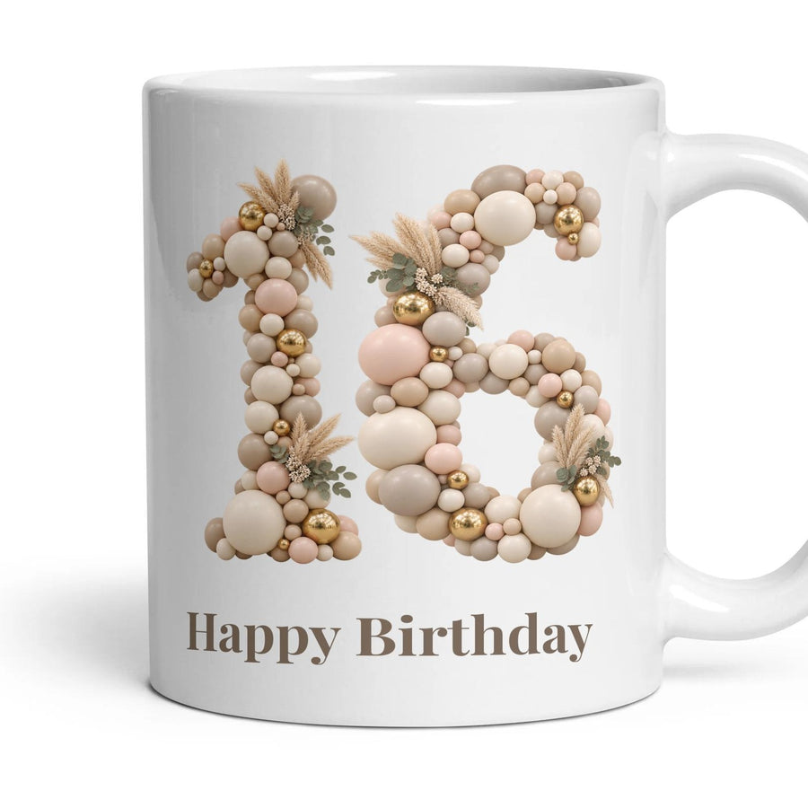 Neutral Garland Balloon Birthday Mug mug, 11oz white ceramic, 16th, handle right