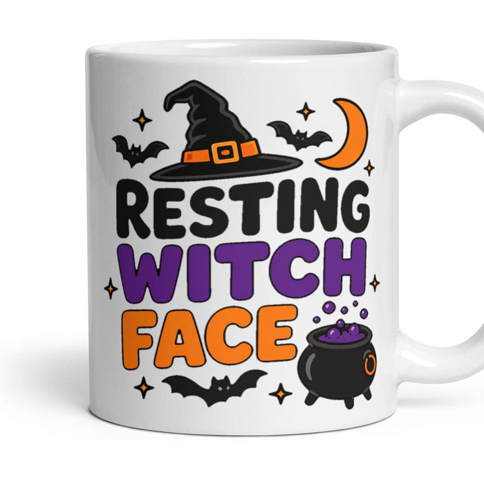 RESTING WITCH FACE mug, 11oz white ceramic, handle right