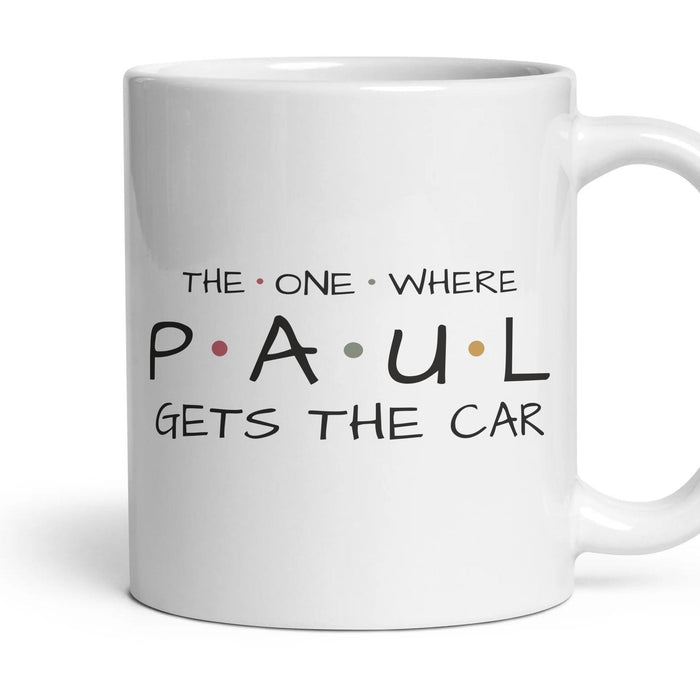 The One Where … Gets The Car — Personalised Mug mug, 11oz white ceramic, handle right