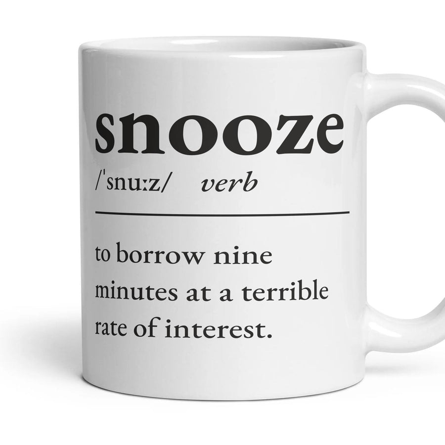 Snooze mug, 11oz white ceramic, handle right